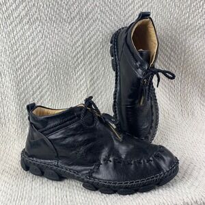 Mens Black Leather Zip Up Ankle Boots Moccasin Stitched Lug Sole Shoes Size 13.5